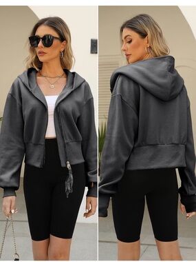 Women's Cropped Zip Hoodie - charcoal Grey